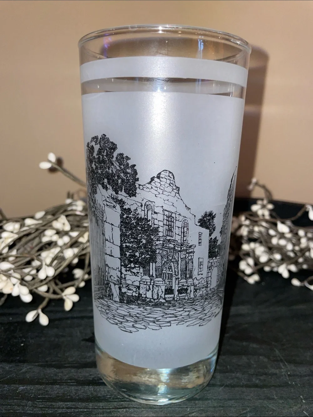 Two Texas Vintage 150th Anniversary Frosted Glasses 1986-Alamo & San Jacinto